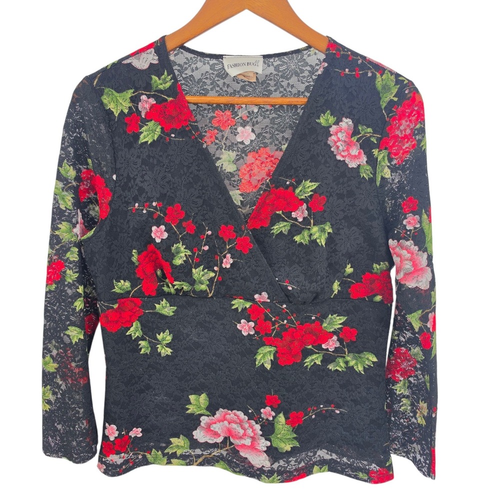 Y2K Lace Empire Deep V Top Floral Red Black Sheer L Fairy Grunge Dark Romantic